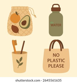 Set of eco lifestyle cartoon elements: reusable bottle, bamboo toothbrush, net bag with fruit, no plastic tote. Flat vector illustration for zero waste concept, sustainability, nature-friendly design