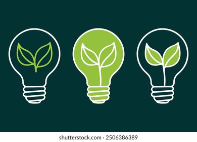 Set of eco light bulb icons with leaf inside on dark background representing green energy sustainability and environmental conservation perfect for eco-friendly and renewable energy designs.