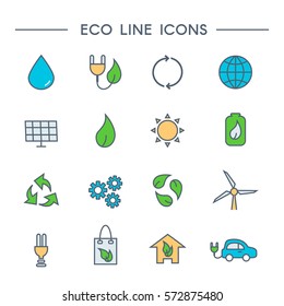 Set of Eco Line Icons: windmill, solar panel, recycling, reuse, electric car, alternative energy, clean water, green home. Vector illustration.