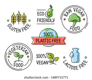 Set of eco logo line style icons, gluten, plastic, lactose free labels, vegetarian and vegan food, sticker template for product packaging vector illustration