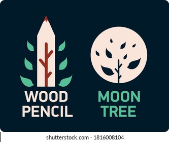 Set of eco logo on blue background. Wood pencil with green leaves and silhouette of tree against the moon. Simple herbal shapes for ecology concept. Environment protection label. Vector illustration. 