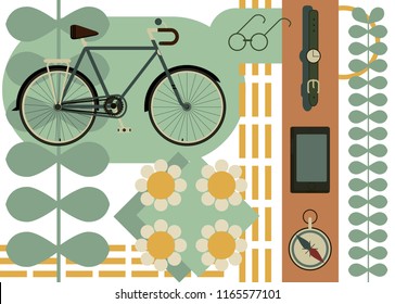 A set of eco nature, car free day, Bicycle, trip, trekking, plein air. Vector ecology green. 