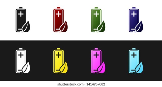 Set Eco nature leaf and battery icon isolated on black and white background. Energy based on ecology saving concept. Vector Illustration