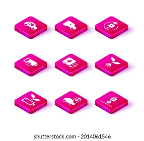 Set Eco nature leaf battery, Electric car, Low, truck, Charging parking electric, saving plug,  and  icon. Vector