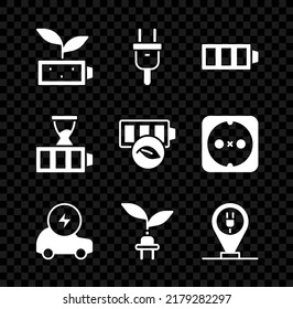 Ajuste la batería de hoja de la naturaleza ecológica, enchufe eléctrico, carga de la batería, coche, ahorro, estacionamiento de carga eléctrico e icono. Vector