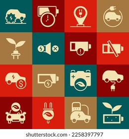 Ajuste la batería de hoja de la naturaleza ecológica, el coche eléctrico, Low, Charging parking eléctrico, el motor, el enchufe de ahorro, el servicio y el icono. Vector