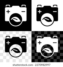 Establezca la hoja de la naturaleza ecológica y el icono de la batería aislados en fondo transparente, blanco y negro. Energía basada en el concepto de ahorro ecológico.  Vector