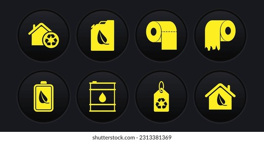 Fijar hoja y batería ecológica, rollo de papel higiénico, barril de aceite, etiqueta con reciclador, cartucho de combustible bio, icono de casa amigable y reciclaje de casa. Vector