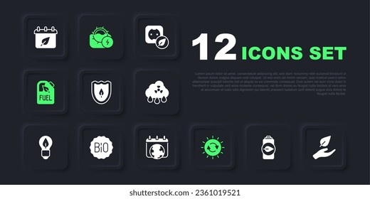 Set Eco nature leaf battery, Leaf in hand, Shield with, Solar energy panel, Bio fuel canister, Banner for bio, Water mill and World Earth day icon. Vector