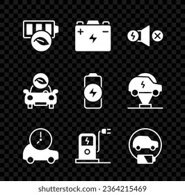 Ajuste la batería de hoja ecológica, el coche, el motor eléctrico, el coche, la estación de carga y el icono de carga de la batería. Vector