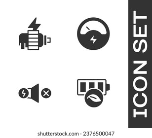 Ajuste la batería de hoja de la naturaleza ecológica, el motor eléctrico y el icono del voltímetro. Vector