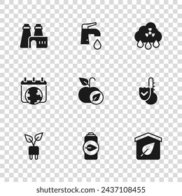 Set Eco nature leaf battery, Thermometer, friendly house, Apple, Acid rain radioactive cloud, Factory production, Water tap and World Earth day icon. Vector