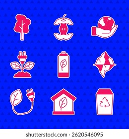Set Eco nature leaf battery, friendly house, Recycle bin, Iceberg, Electric saving plug, Hand holding Earth globe and Tree icon. Vector