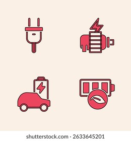 Set Eco nature leaf battery, Electric plug, motor and car icon. Vector