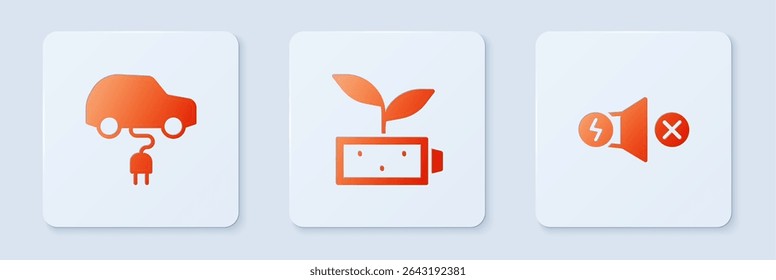 Set Eco nature leaf battery, Electric car and motor. White square button. Vector
