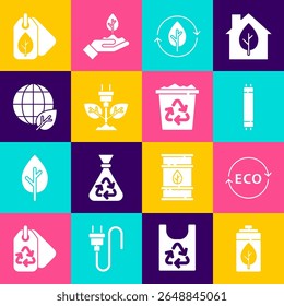 Set Eco nature leaf and battery, Label for eco healthy food, Fluorescent lamp, Recycle, Electric saving plug in, Earth globe, Tag with and bin recycle icon. Vector
