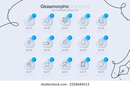 Set of Eco organic, Leaf dew and Sunscreen line icons for web app. Face biometrics, Night cream, Eye drops icons. Eye checklist, Depression treatment, Psychology signs. Brain working. Vector