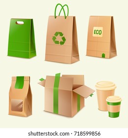 Set of eco packages with green labels, natural package icon vector illustration isolated on white background. Paper containers, ecologically safe take away glasses