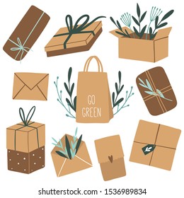 Set of eco packages with green leaves. Natural craft paper package collection. Hand drawn eco life concept. Flat vector illustration. Go green, no plastic, save the planet. Paper containers, boxes