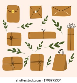 Set of eco packages.Natural craft paper package collection.Go green, no plastic, save the planet. Paper containers, boxes. Vector hand drawn illustation.
