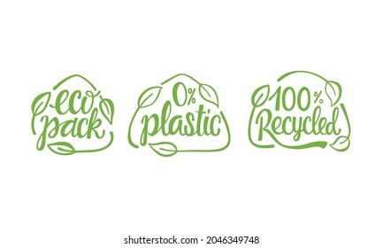 Set eco packaging handwritten sign of eco friendly, natural and organic labels for print on biodegradable, compostable, sustainable products. Lettering stock illustration isolated on background. EPS10