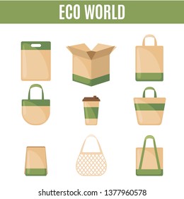 Set of Eco packaging icons in flat style Isolated on white background. Care Environment concept. Vector illustration