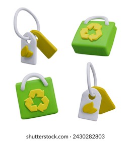 Set of eco packaging and labels for online business. Leaf tag, green shopping bag