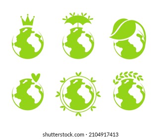 Set of eco planet sign, logos, icons. Green world, earth conservation and ecology. Vector simple illustration