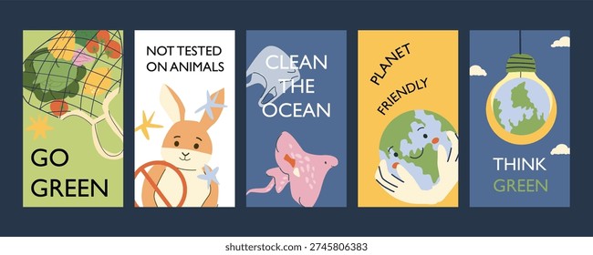 Set of eco posters with slogans. Go green, not tested on animals, planet friendly, think green and clean the ocean. Eco friendly, environment protect cards set in minimalist doodle style.