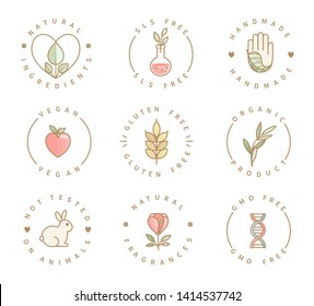 Set of eco product logos, natural organic healthy food and drink icons,labels for restaurant menu, packaging,packing.Healthy lifestyle. Handmade, gluten, sls and gmo free, not tested on animals.Vector