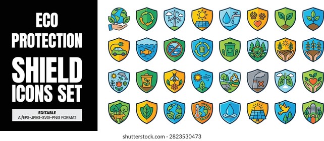 set of eco protection shield icons pack in a modern flat style, representing environmental preservation and natural resource conservation. These vector illustrations are ideal for sustainability initiatives, ecological awareness campaigns, and promoting green living and a healthier planet.