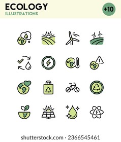 Set of eco related icons, global warming, recycling, sustainability, energy saving, climate change, air pollution and linear variety vectors.