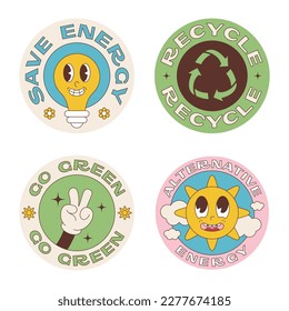 Set of eco retro groovy stickers. Recycle, go green, save energy. Vector illustration