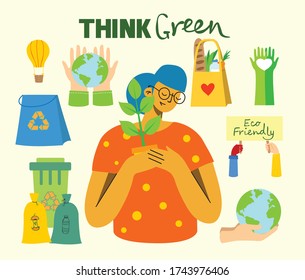 Set of eco save environment pictures. People taking care of planet collage. Zero waste, think green, save the planet, our home handwritten text.