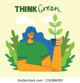 Set of eco save environment pictures. People taking care of planet collage. Zero waste, think green, save the planet, our home hand written text in the flat design