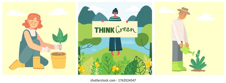 Set of eco save environment pictures. People taking care of planet . Zero waste, think green, save the planet, our home and hand written text in the flat design