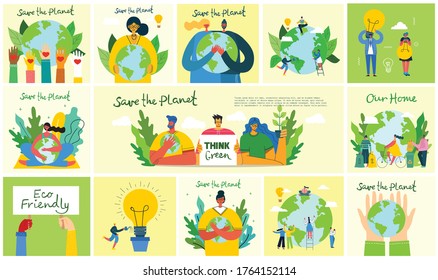 Conjunto de imágenes de entorno de eco-ahorro. Gente cuidando el collage del planeta. Desperdicios cero, pensar verde, salvar el planeta, nuestro texto escrito a mano en casa en el diseño plano moderno