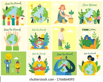 Set of eco save environment pictures. People taking care of planet collage. Zero waste, think green, save the planet, our home hand written text in the modern flat design