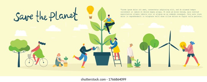 Set of eco save environment pictures. People taking care of planet collage. Zero waste, think green, save the planet, our home hand written text in the modern flat design