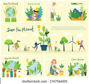 Set of eco save environment pictures. People taking care of planet collage. Zero waste, think green, save the planet, our home hand written text in the modern flat design