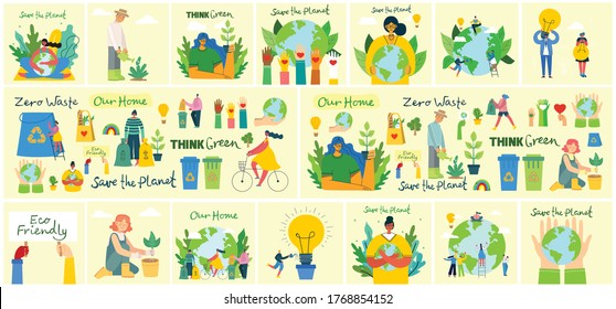Set of eco save environment pictures. People taking care of planet collage. Zero waste, think green, save the planet, our home hand written text in the modern flat design