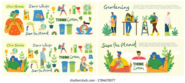 Conjunto de imágenes de entorno de eco-ahorro. Gente cuidando el collage del planeta. Desperdicios cero, pensar verde, salvar el planeta, nuestro texto escrito a mano en casa en el diseño plano moderno
