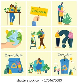 Set of eco save environment pictures. People taking care of planet collage. Zero waste, think green, save the planet, our home hand written text in the modern flat design