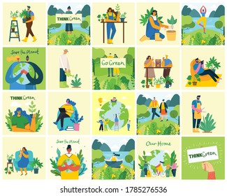 Set of eco save environment pictures. People taking care of planet collage. Zero waste, think green, save the planet, our home hand written text in the modern flat design