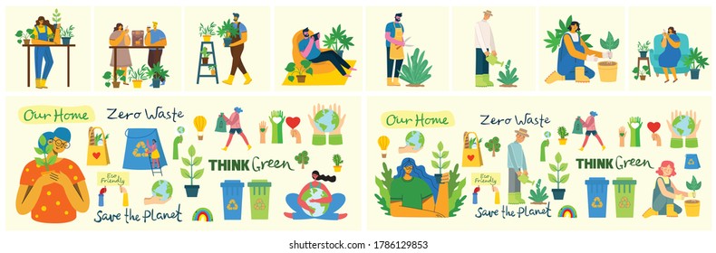 Set of eco save environment pictures. People taking care of planet collage. Zero waste, think green, save the planet, our home hand written text in the modern flat design