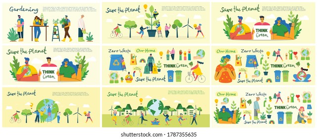 Set of eco save environment pictures. People taking care of planet collage. Zero waste, think green, save the planet, our home hand written text in the modern flat design