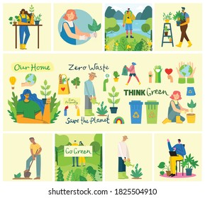 Set of eco save environment pictures. People taking care of planet collage. Zero waste, think green, save the planet, our home hand written text in the modern flat design