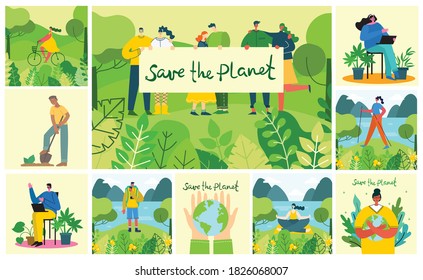 Set of eco save environment pictures. People taking care of planet collage. Zero waste, think green, save the planet, our home hand written text in the modern flat design