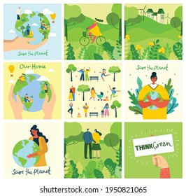 Set of eco save environment pictures. People taking care of planet collage. Zero waste, think green, save the planet, our home hand written text in the modern flat design