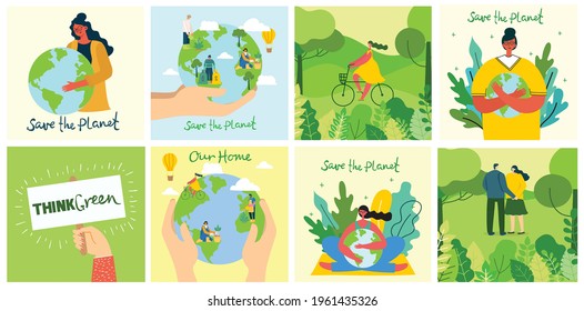 Set of eco save environment pictures. People taking care of planet collage. Zero waste, think green, save the planet, our home hand written text in the modern flat design